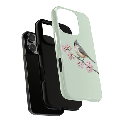 Grauhäubchenmeise Handyhülle in Salbeigrün | Florales Kirschblüten Vogel-Motiv für iPhone & Google Pixel
