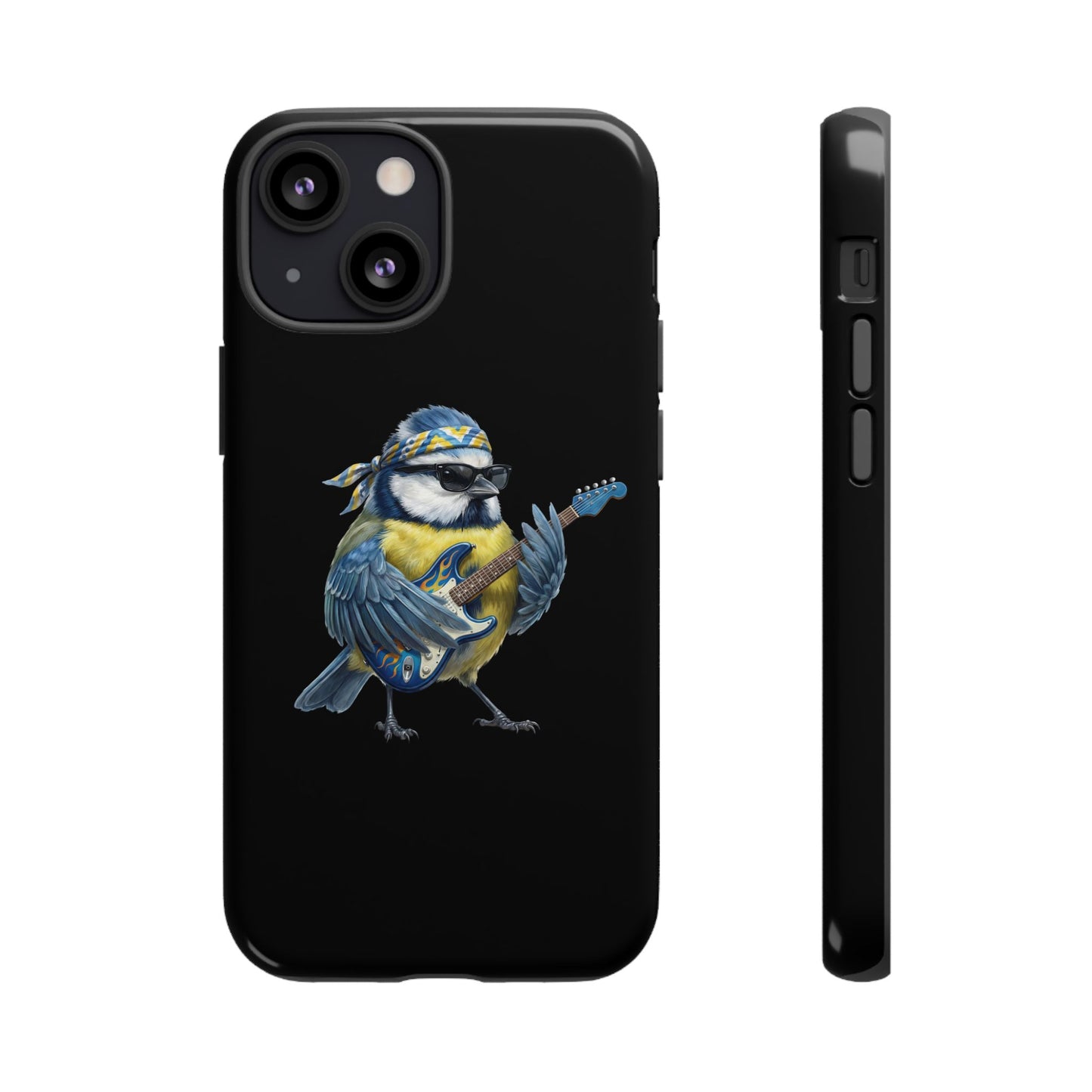 Blaumeise mit Gitarre Premium Handyhülle – Doppelt Geschützt & Rundum Bedruckt Schwarz