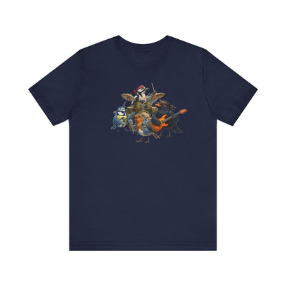 The Backyard Birds Rockband T-Shirt – Lustiges Vogel Shirt mit Rückendruck – Amsel, Rotkehlchen, Meise, Specht – Geschenk für Musiker & Vogelfreunde