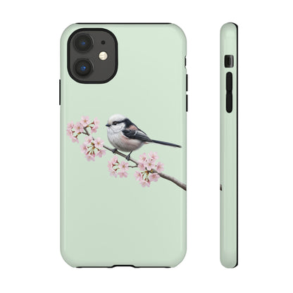 Schwanzmeise Handyhülle – in Salbeigrün | Florales Kirschblüten Vogel-Motiv für iPhone & Google Pixel