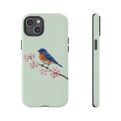 Rotkehl-Hüttensänger Handyhülle in Salbeigrün | Florales Kirschblüten Vogel-Motiv für iPhone & Google Pixel