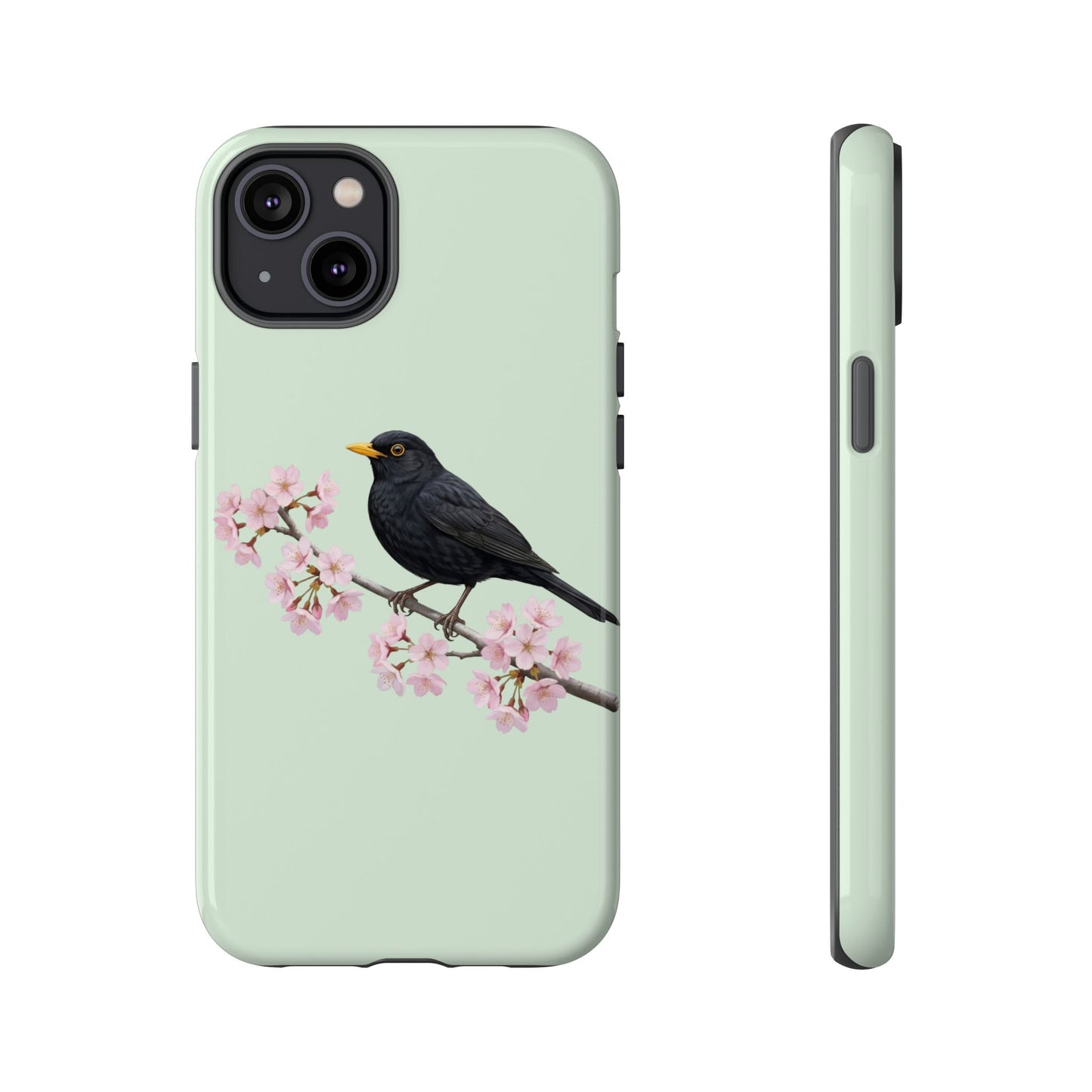 Amsel Handyhülle in Salbeigrün | Florales Kirschblüten Vogel-Motiv für iPhone & Google Pixel