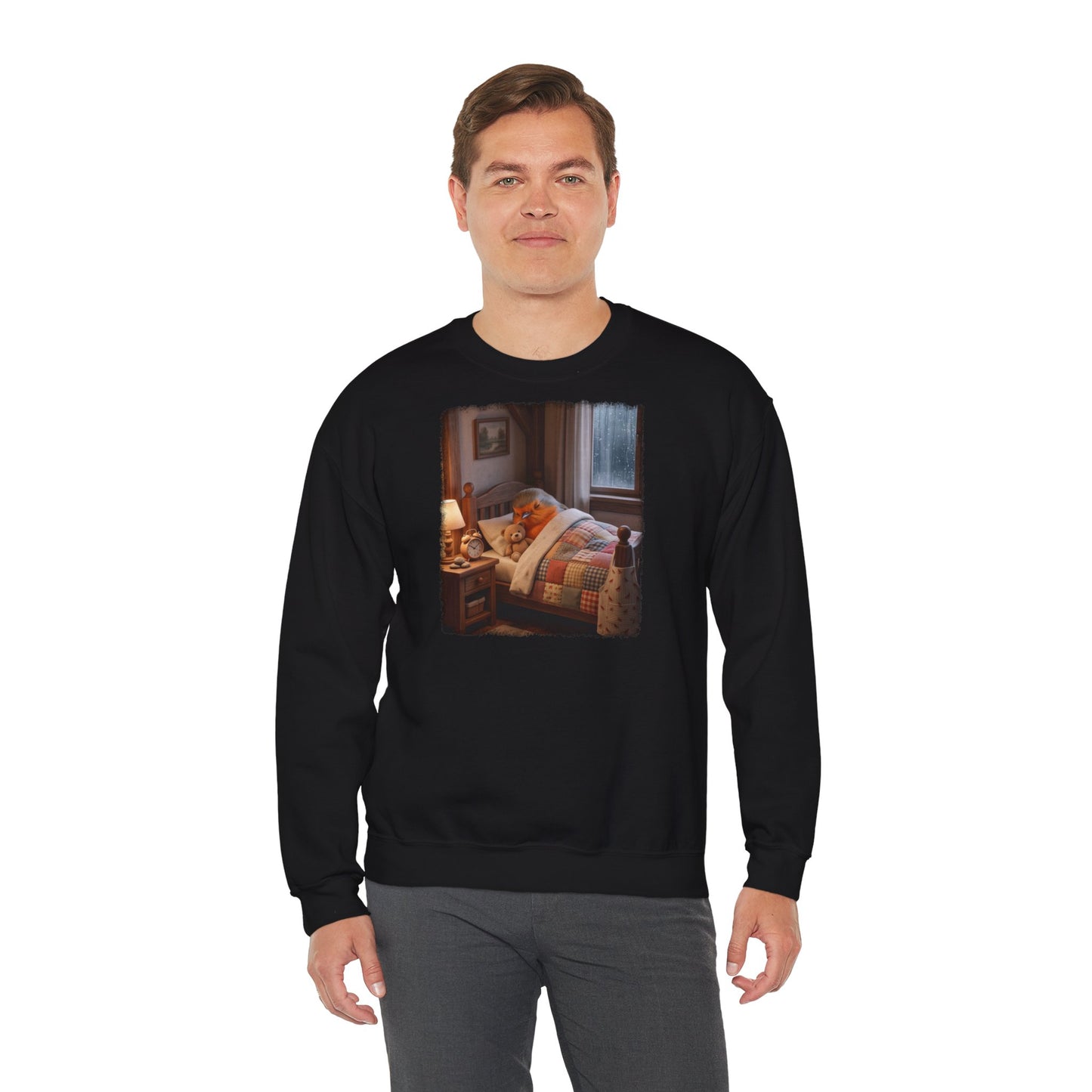 Süßes Rotkehlchen Sweatshirt im Bett mit Teddy | Kuscheliger Vogel Pullover für Langschläfer