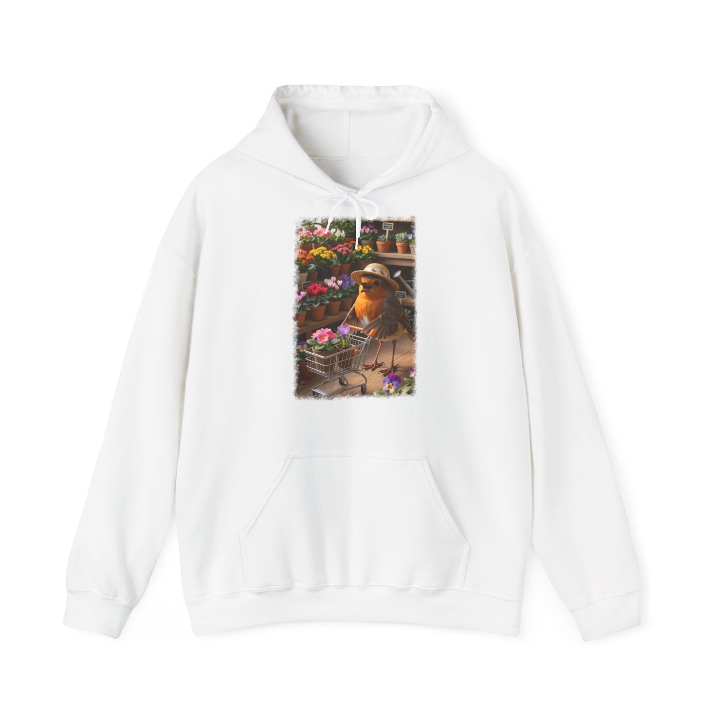 Lustiger Rotkehlchen Hoodie mit Blumen-Einkaufswagen | Süßer Vogel Kapuzenpullover für Pflanzenfans