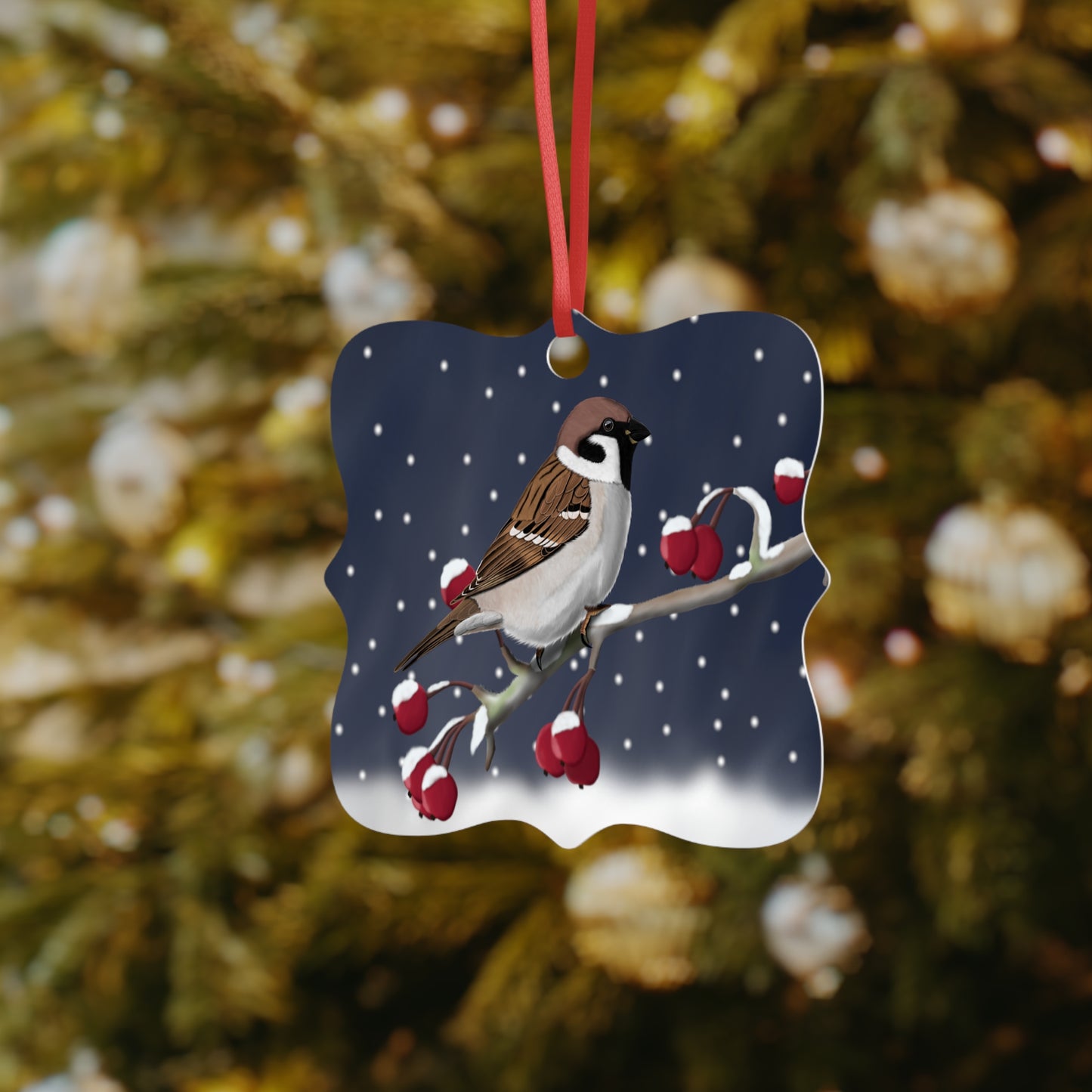 Spatz auf einem Ast Ornament aus Aluminium – Einzigartiger Christbaumschmuck mit Rotem Band