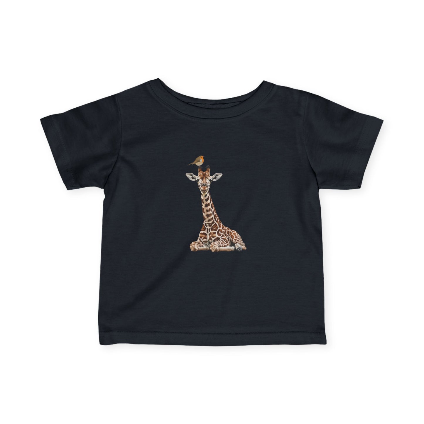 Süße Baby Giraffe mit Rotkehlchen Vogel Tiermotiv T-Shirt für Babys und Kleinkinder