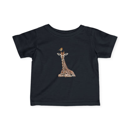 Süße Baby Giraffe mit Rotkehlchen Vogel Tiermotiv T-Shirt für Babys und Kleinkinder