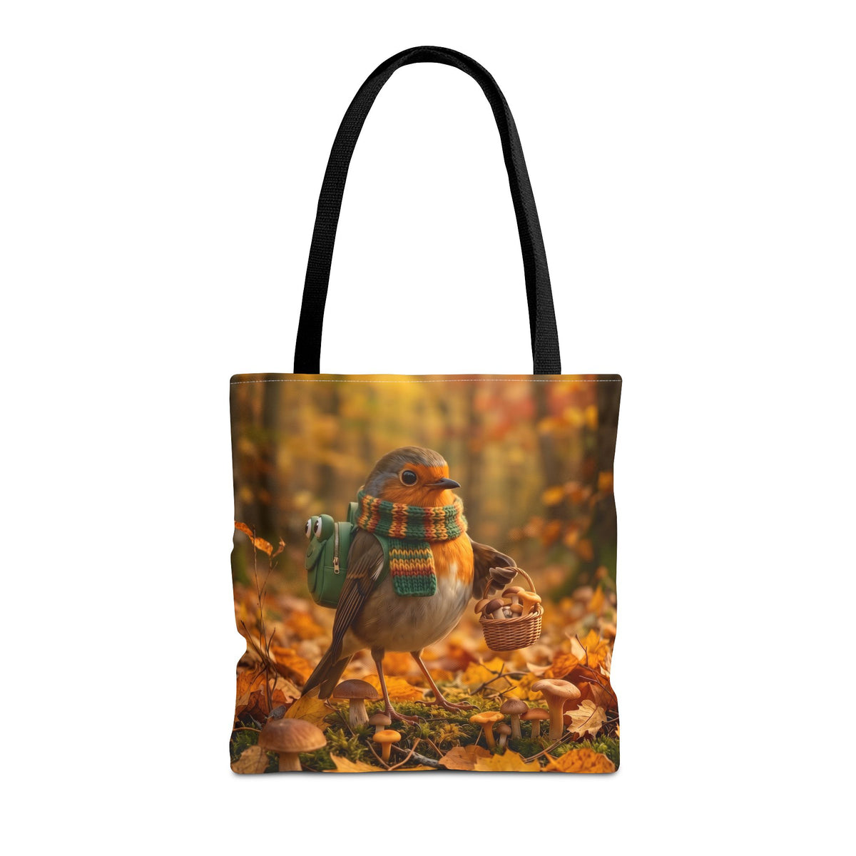 Eine robuste Stoff-Tragetasche bedruckt mit einer 3D-Illustration: Der süße Gartenvogel Rosi Rotkehlchen sammelt Pilze im Herbstwald. Ein schönes Motiv für Vogelfreunde, Biologen und Ornithologen.