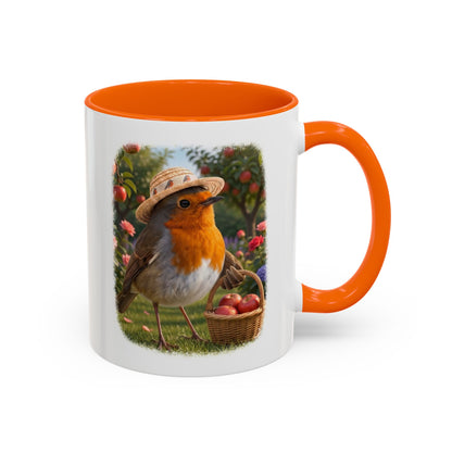 Rosi Rotkehlchen bei der Apfelernte Keramiktasse – Kaffeebecher mit farbigem Henkel