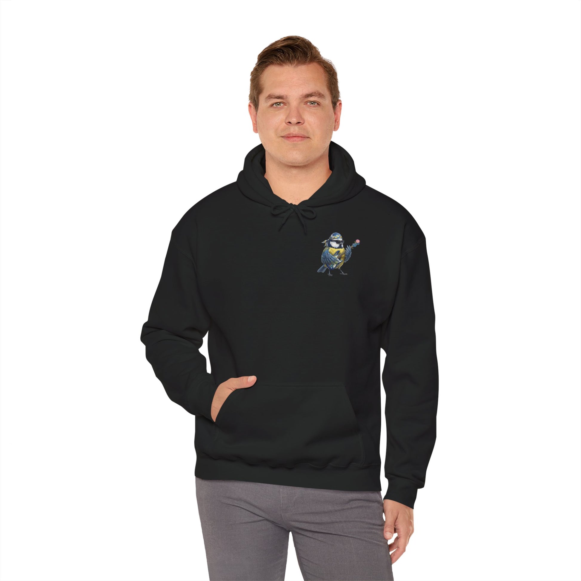 Bert Blaumeise mit Blumen-Gitarre – Premium Band-Hoodie | Die Gartenvögel – artistic apparel, Kapuzenpullover