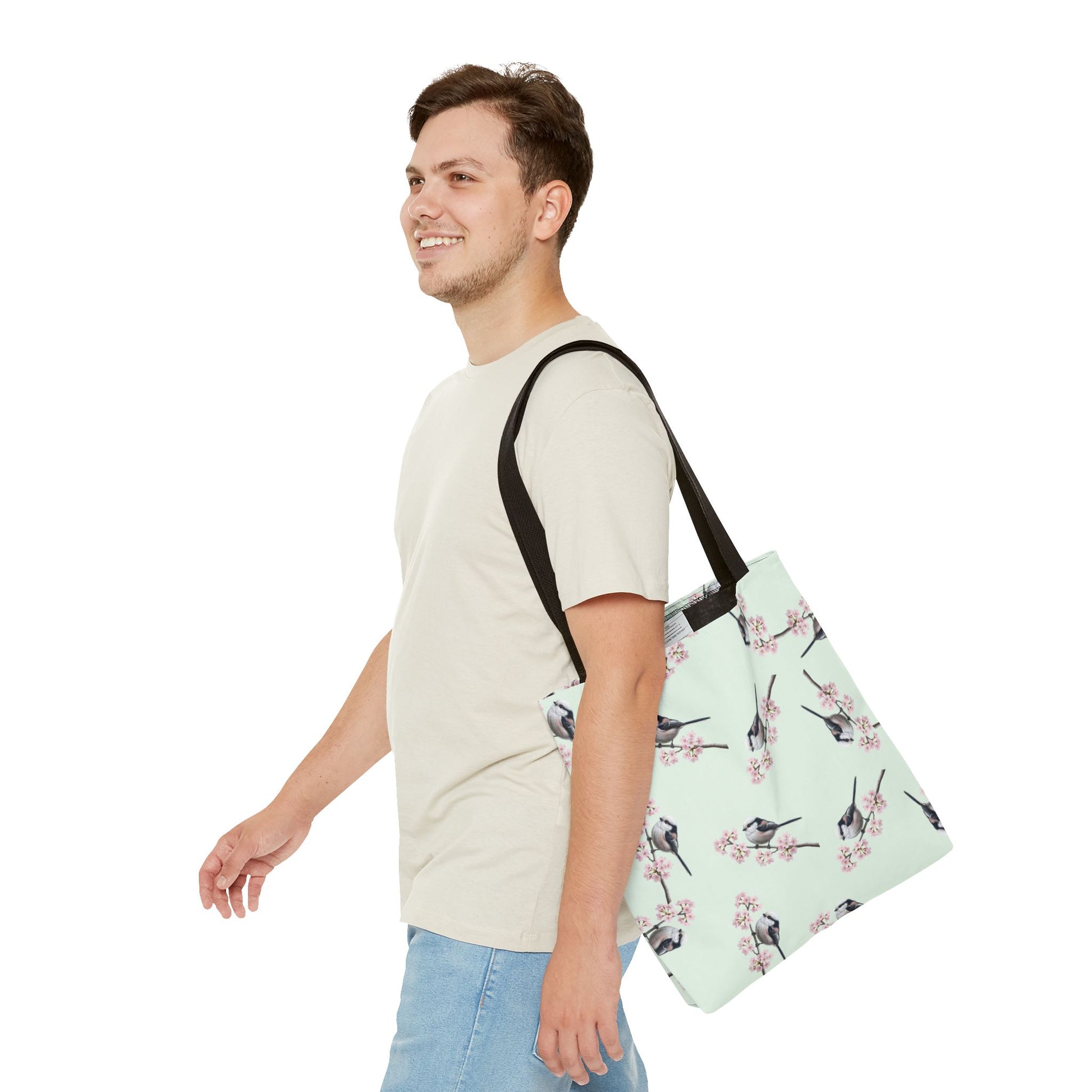 Schwanzmeise Tragetasche mit Accessories Hintergrund