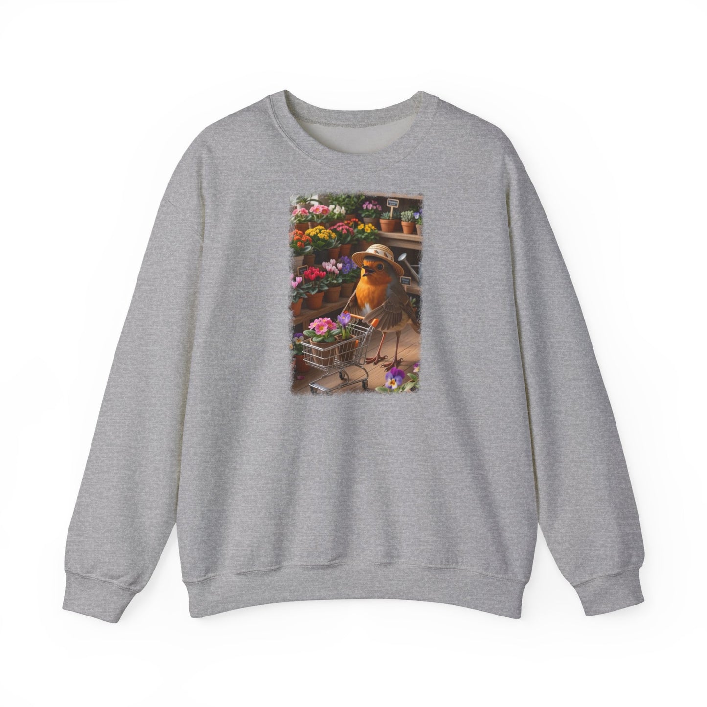 Lustiges Rotkehlchen Sweatshirt mit Blumen-Einkaufswagen | Süßer Vogel Pullover für Pflanzenliebhaber