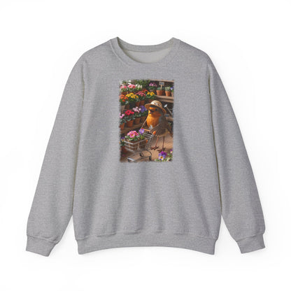 Lustiges Rotkehlchen Sweatshirt mit Blumen-Einkaufswagen | Süßer Vogel Pullover für Pflanzenliebhaber