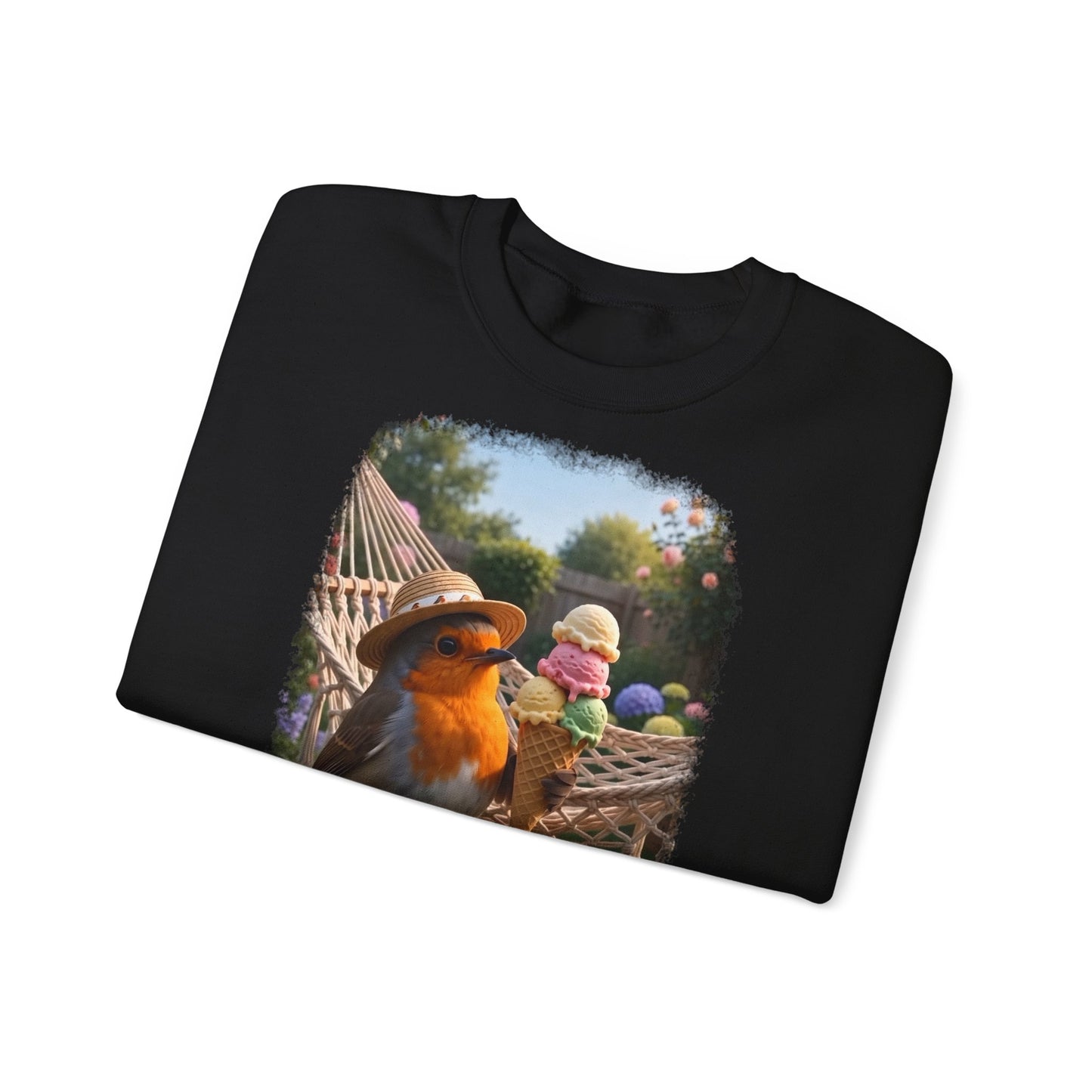 Premium Sweatshirt Rosi Rotkehlchen und das Riesen-Eis im Garten (Unisex)