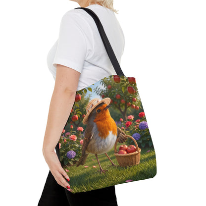 Premium Tragetasche Rosi Rotkehlchen bei der Apfelernte (40 x 40 cm)