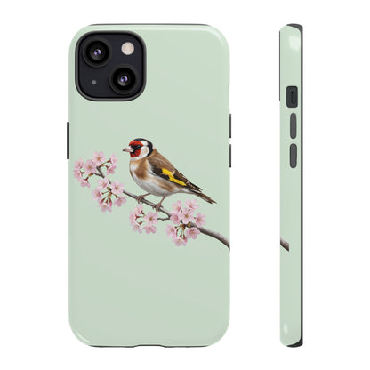 Stieglitz Handyhülle in Salbeigrün | Florales Kirschblüten Vogel-Motiv für iPhone & Google Pixel – animal lover,