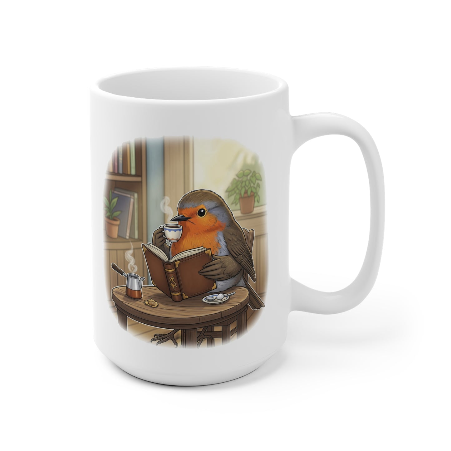 Rotkehlchen liest Bücher und trinkt Kaffee Vogel Tasse Weiß für Vogelbeobachter