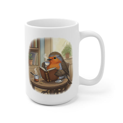Rotkehlchen liest Bücher und trinkt Kaffee Vogel Tasse Weiß für Vogelbeobachter