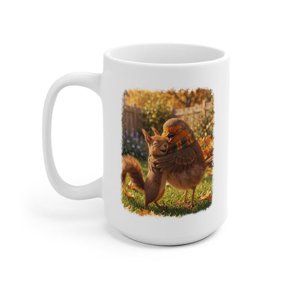 Rotkehlchen & Eichhörnchen Tasse „Rosi“ – Süßer Kaffeebecher mit Umarmung im Garten