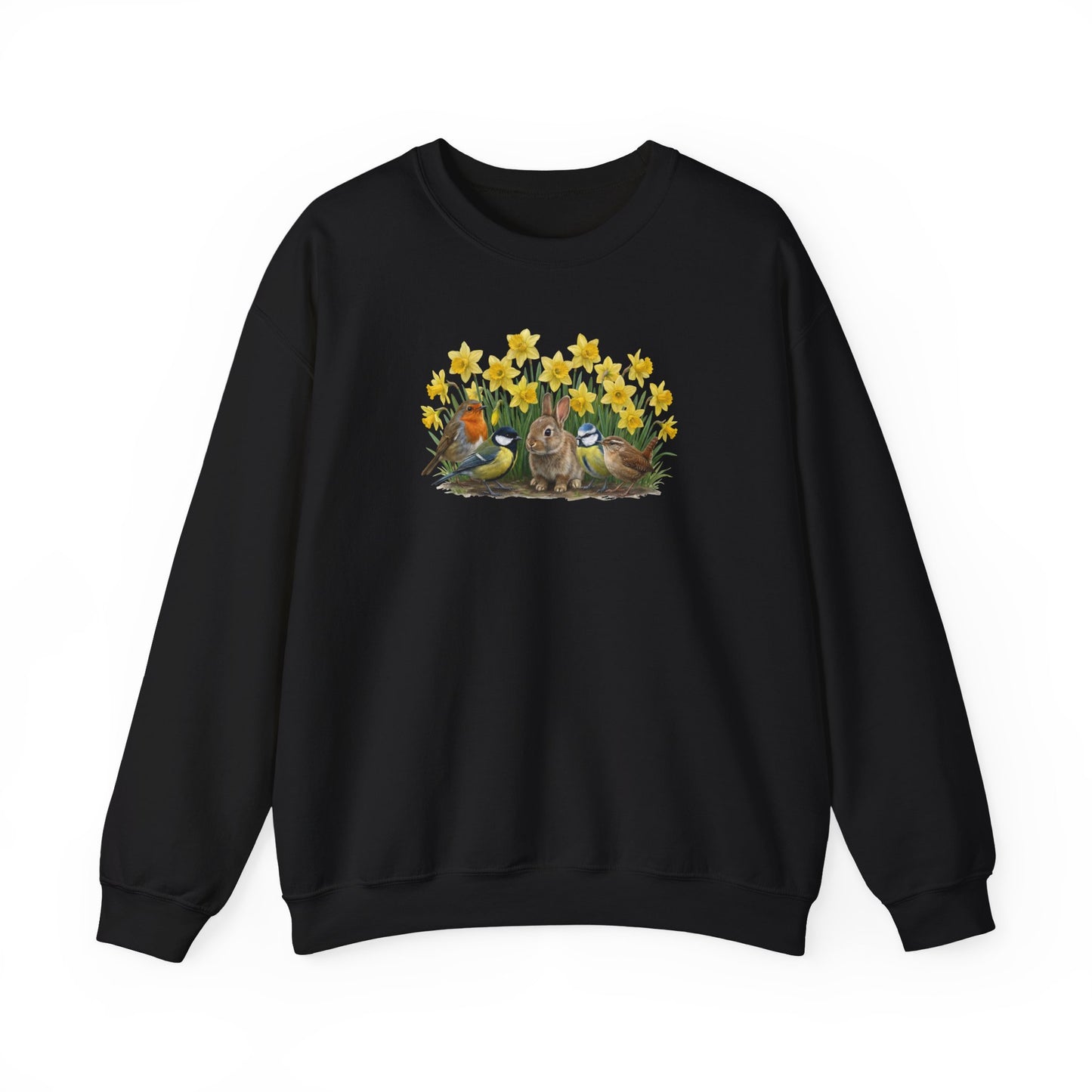 Black sweatshirt with a graphic of bunnies and flowers on a white background