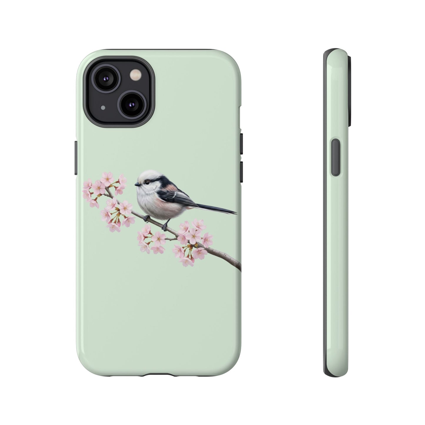Schwanzmeise Handyhülle in Salbeigrün | Florales Kirschblüten Vogel-Motiv für iPhone & Google Pixel