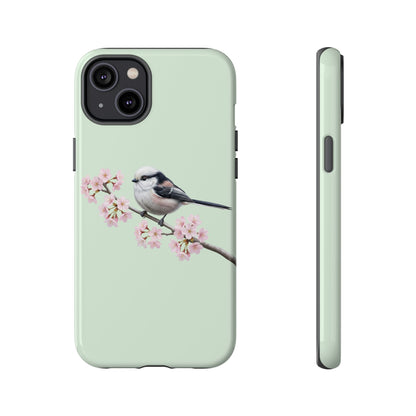 Schwanzmeise Handyhülle in Salbeigrün | Florales Kirschblüten Vogel-Motiv für iPhone & Google Pixel