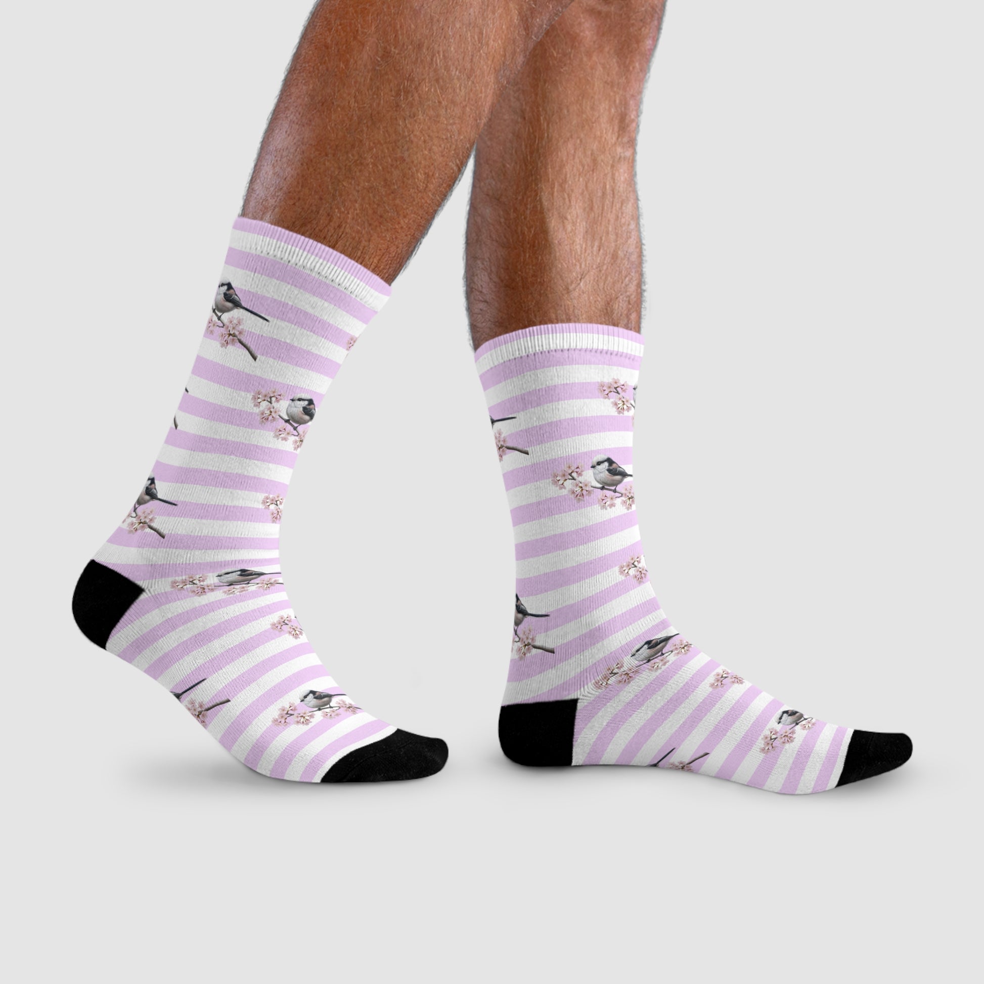 Schwanzmeise Socken mit Kirschblüten | Weiß Rosa gestreifte Vogelmotiv Strümpfe – Accessories,