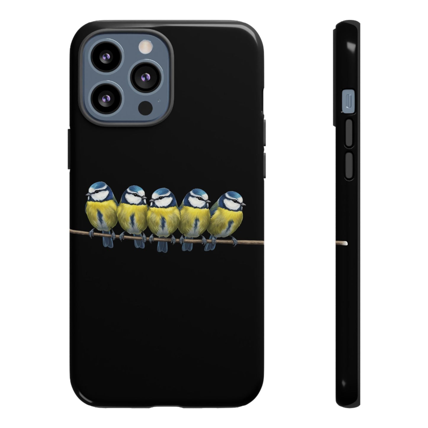 Blaumeisen auf einem Ast Premium Handyhülle – Doppelt Geschützt & Rundum Bedruckt Schwarz