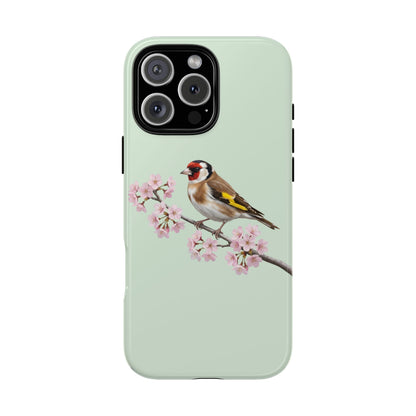 Stieglitz Handyhülle in Salbeigrün | Florales Kirschblüten Vogel-Motiv für iPhone & Google Pixel
