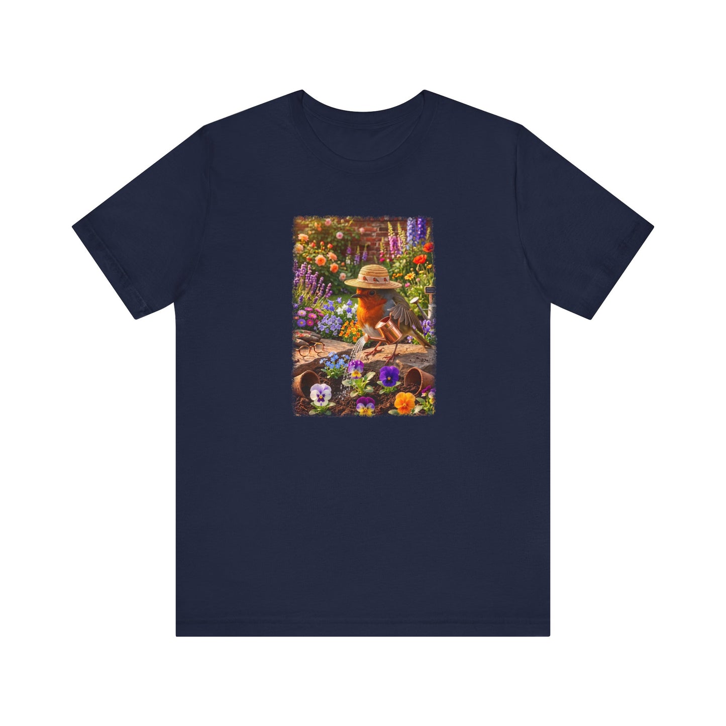 Niedliches Rotkehlchen T-Shirt beim Blumen gießen | Gemütliches Garten-Motiv