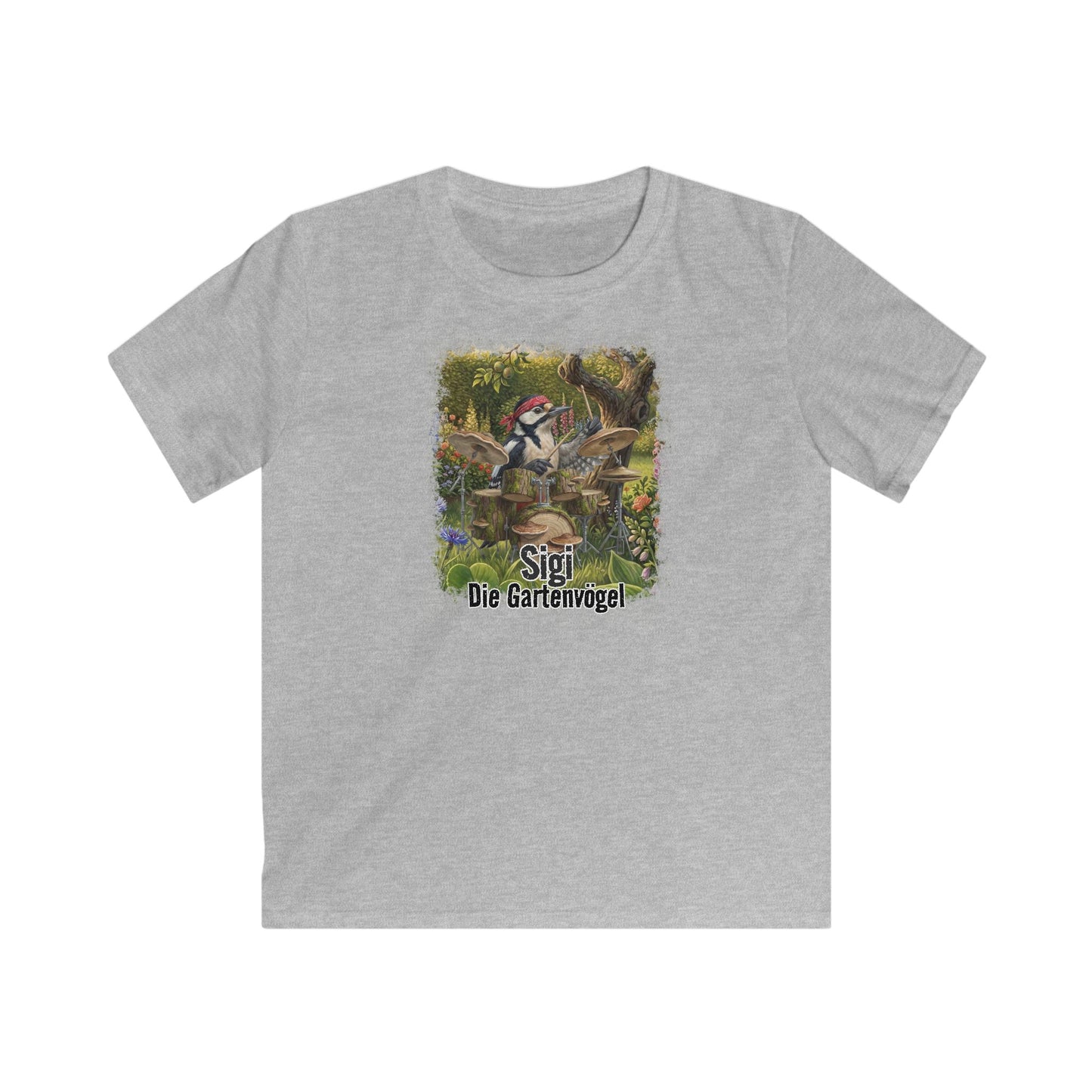 Sigi Specht spielt Schlagzeug unterm Apfelbaum (Vintage-Grunge) – Premium Kinder T-Shirt | Die Gartenvögel – bird guitar,