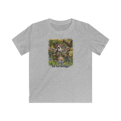 Sigi Specht spielt Schlagzeug unterm Apfelbaum (Vintage-Grunge) – Premium Kinder T-Shirt | Die Gartenvögel – bird guitar,