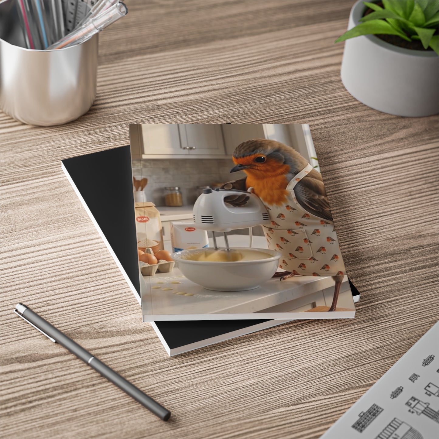 Rosi Rotkehlchen beim Backen Notizbuch A5 liniert als Rezeptbuch für Hobbybäcker und Tierfreunde