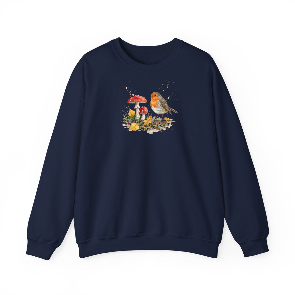 Rotkehlchen Herbst-Sweatshirt – Gemütlicher Pullover mit Herbstlaub & Fliegenpilzen