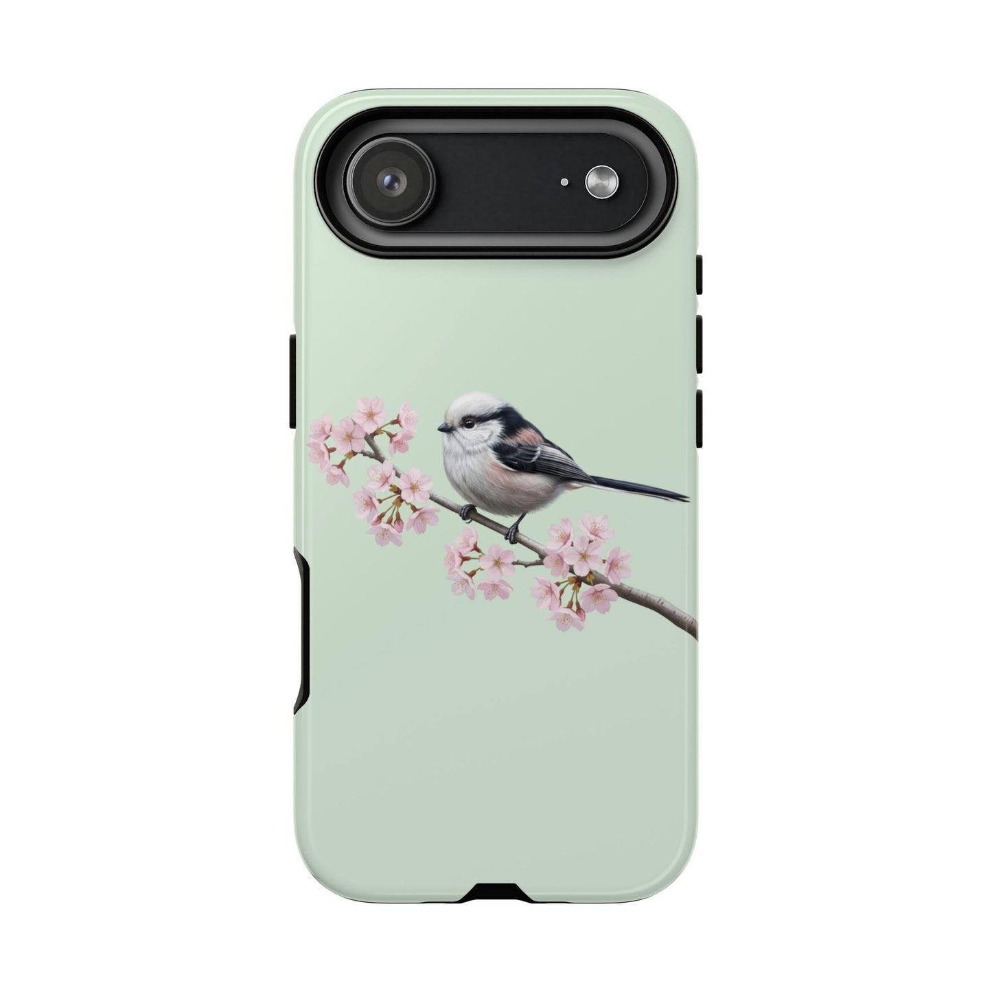 Schwanzmeise Handyhülle in Salbeigrün | Florales Kirschblüten Vogel-Motiv für iPhone & Google Pixel