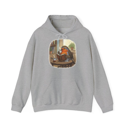 Rotkehlchen liest Bücher und trinkt Kaffee Vogel Hoodie - Kapuzenpullover für Vogelbeobachter mit Vogelmotiv