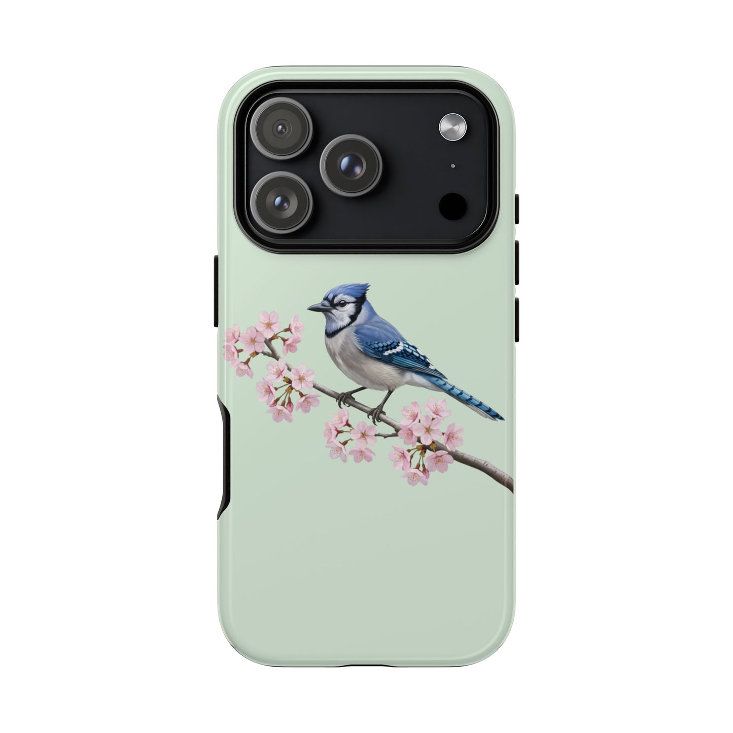 Blauhäher Handyhülle in Salbeigrün | Florales Kirschblüten Vogel-Motiv für iPhone & Google Pixel
