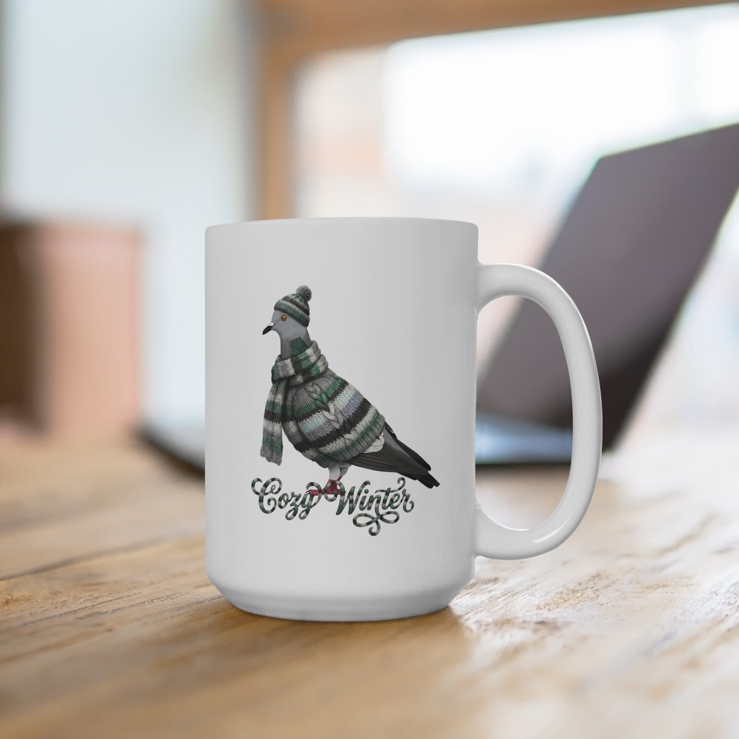 Taube mit Strickpullover Weihnachtliche Tasse mit Vogelmotiv Cozy Winter – Ideal für Kakao & Kaffee