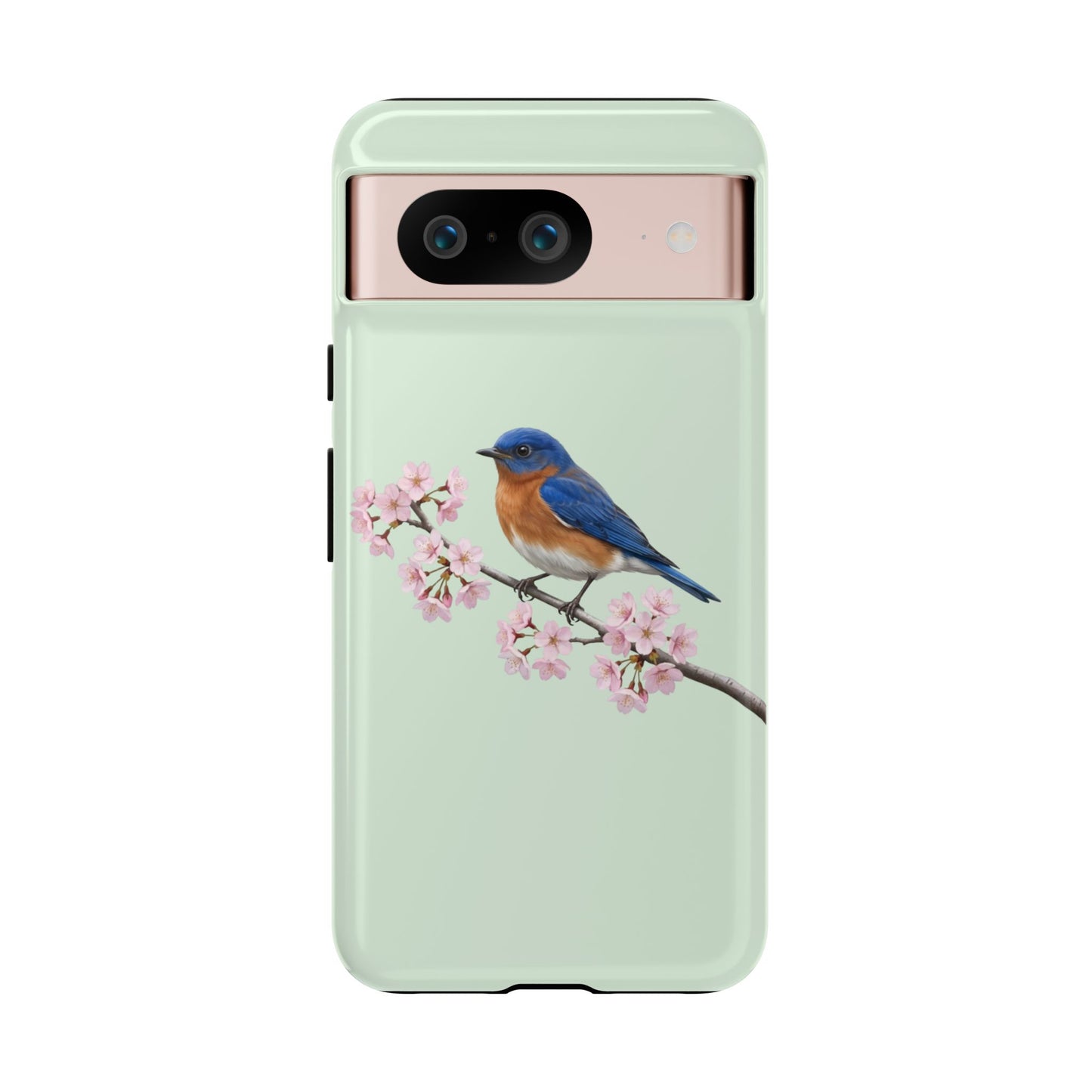 Rotkehl-Hüttensänger Handyhülle in Salbeigrün | Florales Kirschblüten Vogel-Motiv für iPhone & Google Pixel