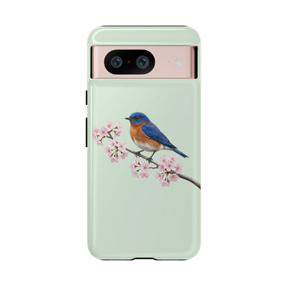 Rotkehl-Hüttensänger Handyhülle in Salbeigrün | Florales Kirschblüten Vogel-Motiv für iPhone & Google Pixel