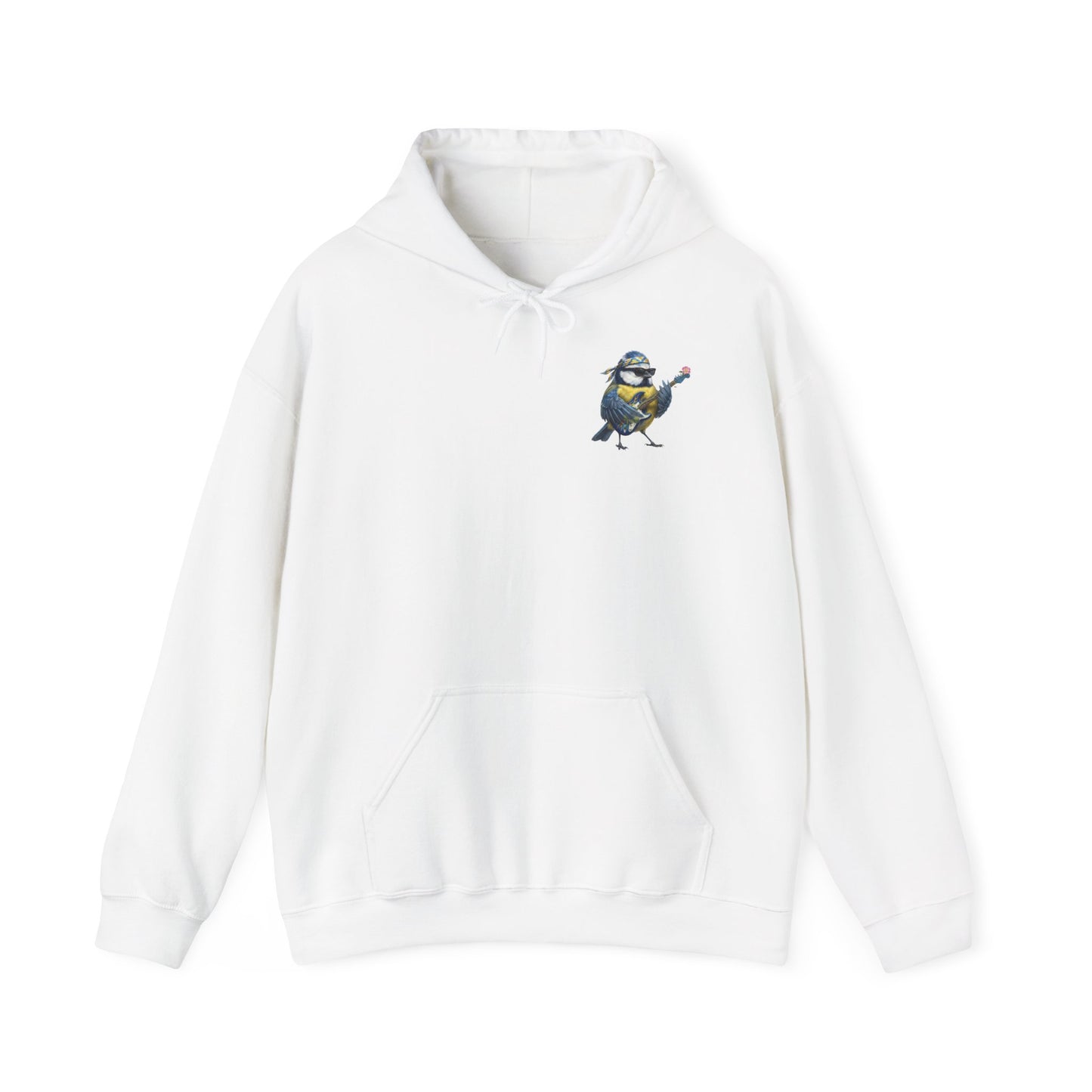 Bert Blaumeise mit Blumen-Gitarre – Premium Band-Hoodie | Die Gartenvögel – artistic apparel, Kapuzenpullover