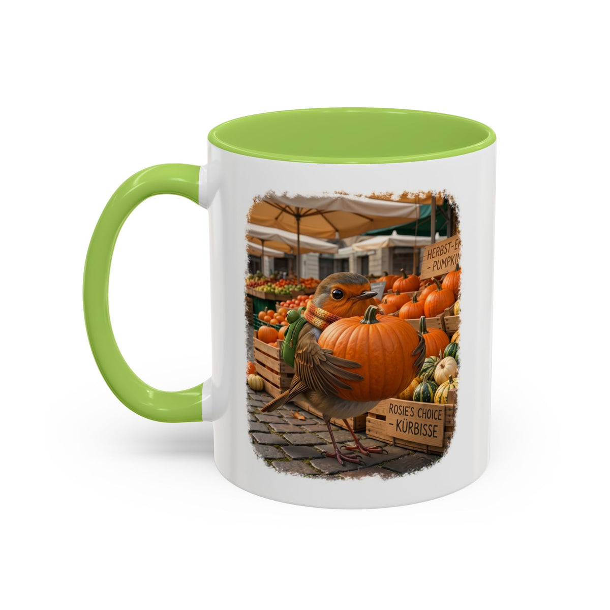 Premium Keramiktasse Rosi Rotkehlchen & der Riesen-Kürbis | 330 ml | Lustiges Geschenk für Vogelfreunde