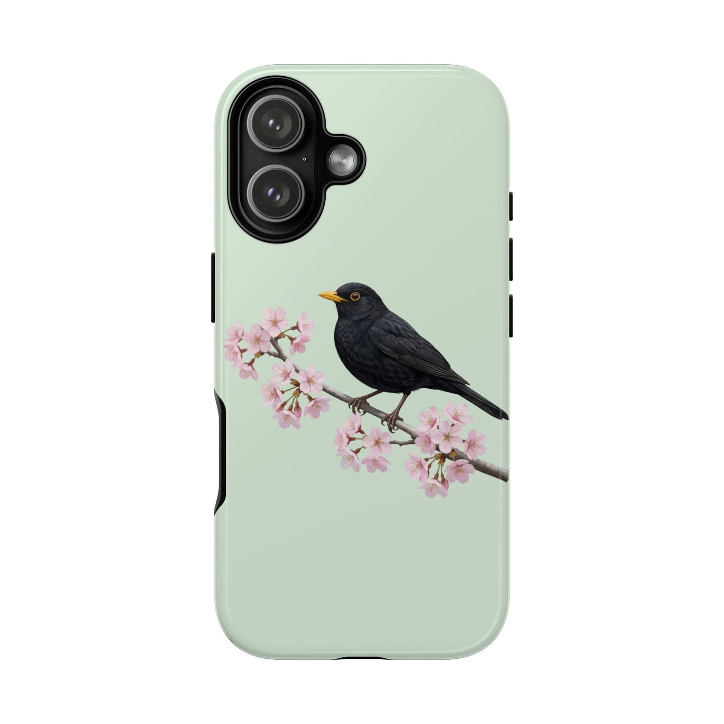 Amsel Handyhülle in Salbeigrün | Florales Kirschblüten Vogel-Motiv für iPhone & Google Pixel