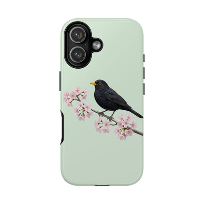Amsel Handyhülle in Salbeigrün | Florales Kirschblüten Vogel-Motiv für iPhone & Google Pixel
