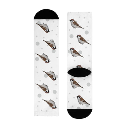 Feldsperling Socken Vogelsocken Weiß mit Grauen Punkten