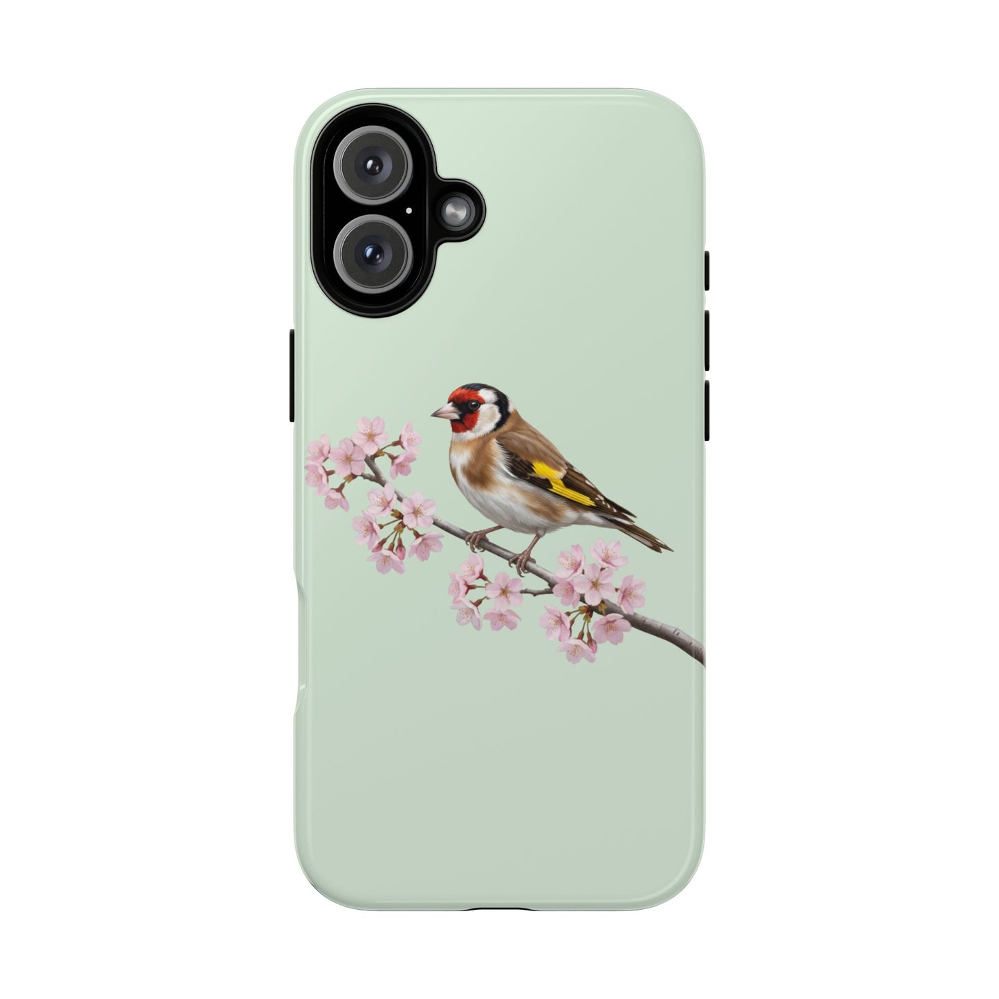 Stieglitz Handyhülle in Salbeigrün | Florales Kirschblüten Vogel-Motiv für iPhone & Google Pixel