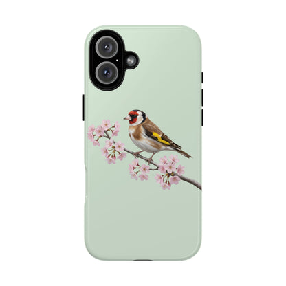 Stieglitz Handyhülle in Salbeigrün | Florales Kirschblüten Vogel-Motiv für iPhone & Google Pixel