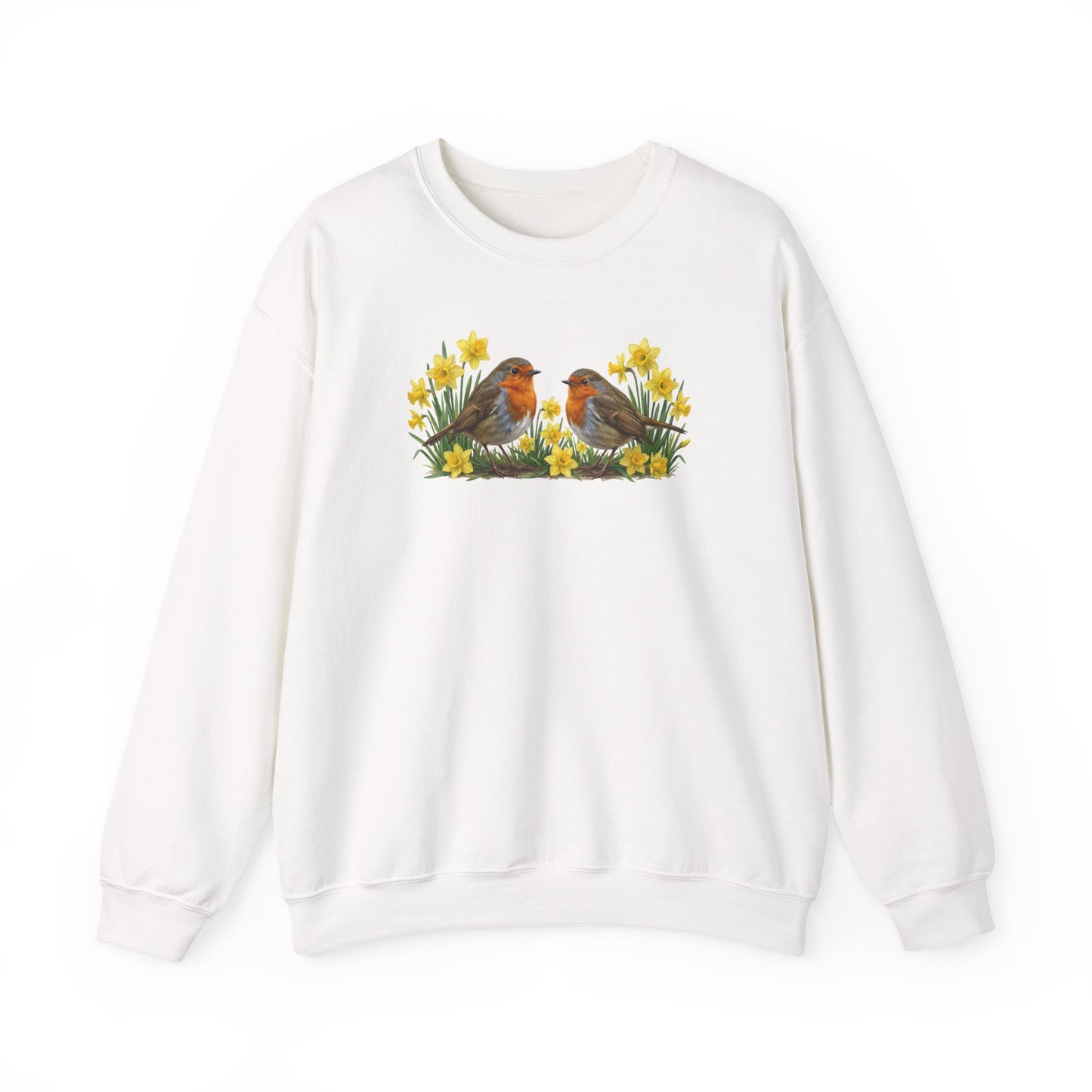 Rotkehlchen Oster-Sweatshirt Frühlingswiese – Singvögel in Osterglocken | Unisex Pullover