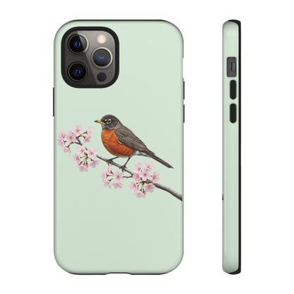Wanderdrossel Handyhülle in – Salbeigrün | Florales Kirschblüten Vogel-Motiv für iPhone & Google Pixel