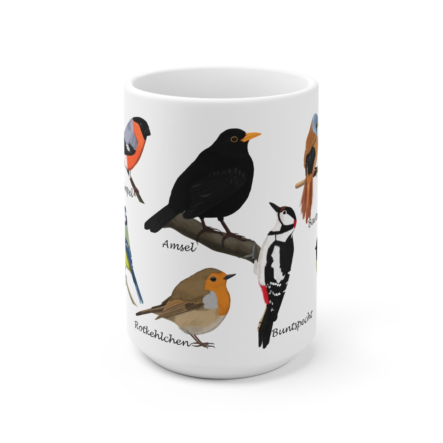 Gartenvögel Amsel Rotkehlchen Blaumeise Zaunkönig Gimpel Vogel Tasse